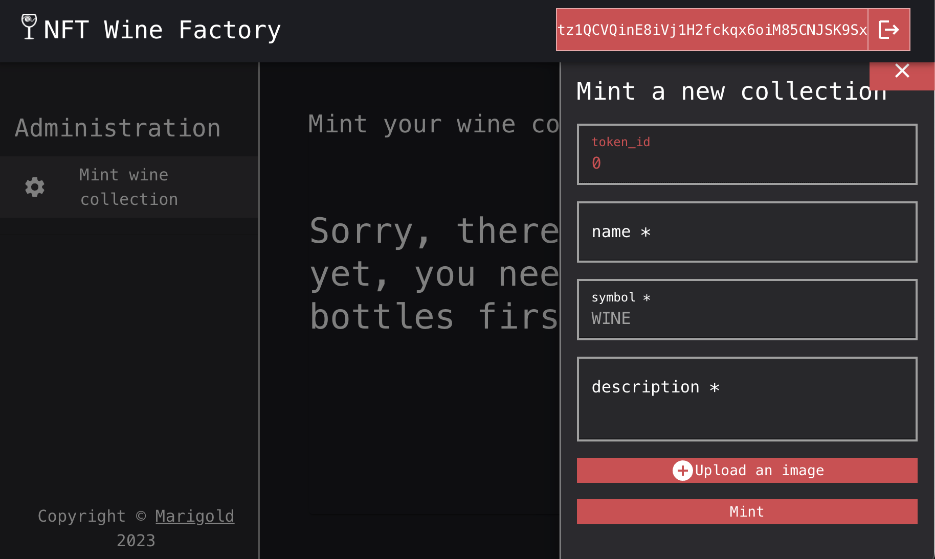 The mint page, showing the form to create tokens